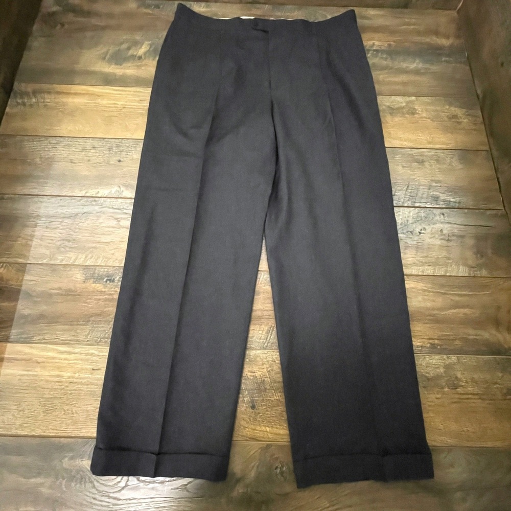 Zanella Italy Mens 40 Charcoal Grey Pure Wool Pleated Cuffed Wide Leg Dress Pant